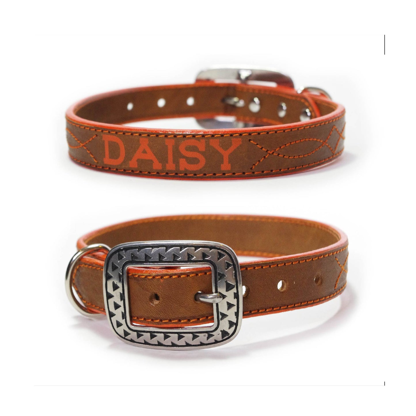 Brown and Orange Leather Dog Collar Custom Name