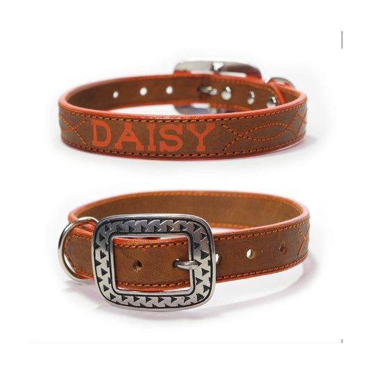 Brown and Orange Leather Dog Collar Custom Name