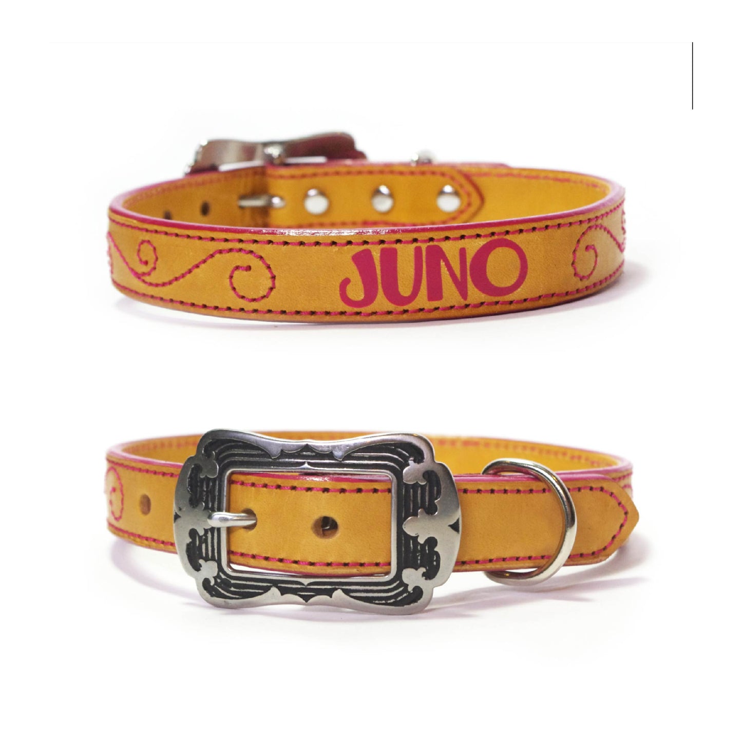 Yellow and Pink Custom Name Leather Dog Collar