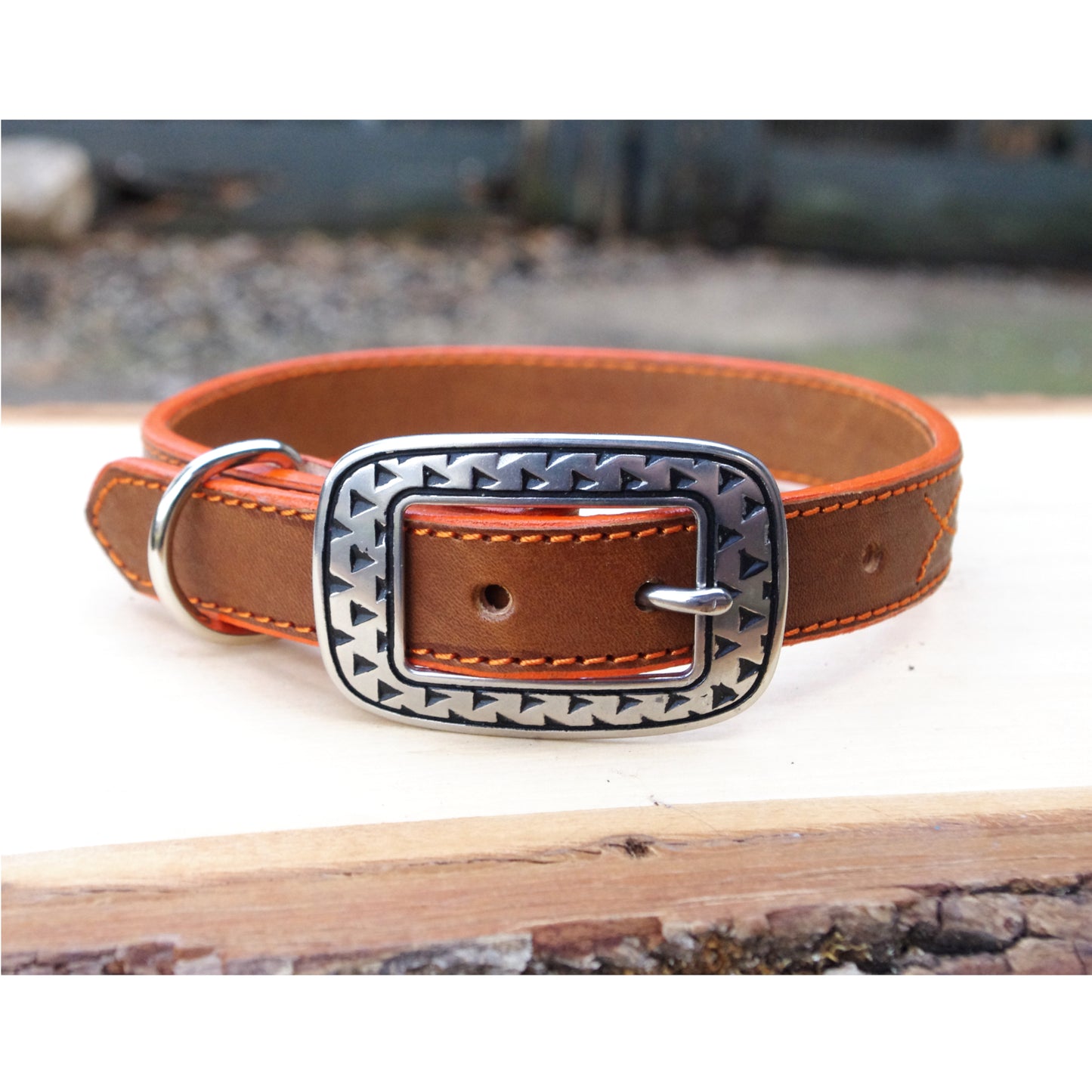 Brown and Orange Leather Dog Collar Custom Name